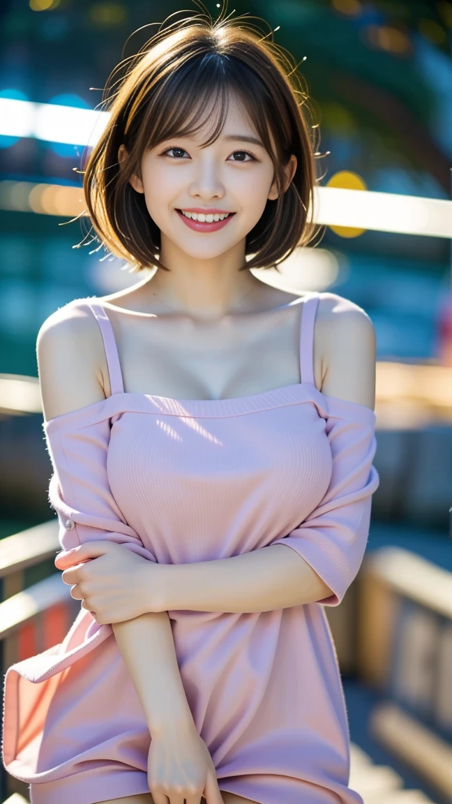 8K、best image quality、smile、masterpiece、buzzer、short hair、fine eyes、big breasts、A refreshing smile、Female college student、Dimples、Camisole showing both shoulders、Clear system、attending university、Ruck sack、Light pink clothes、Seaside scenery