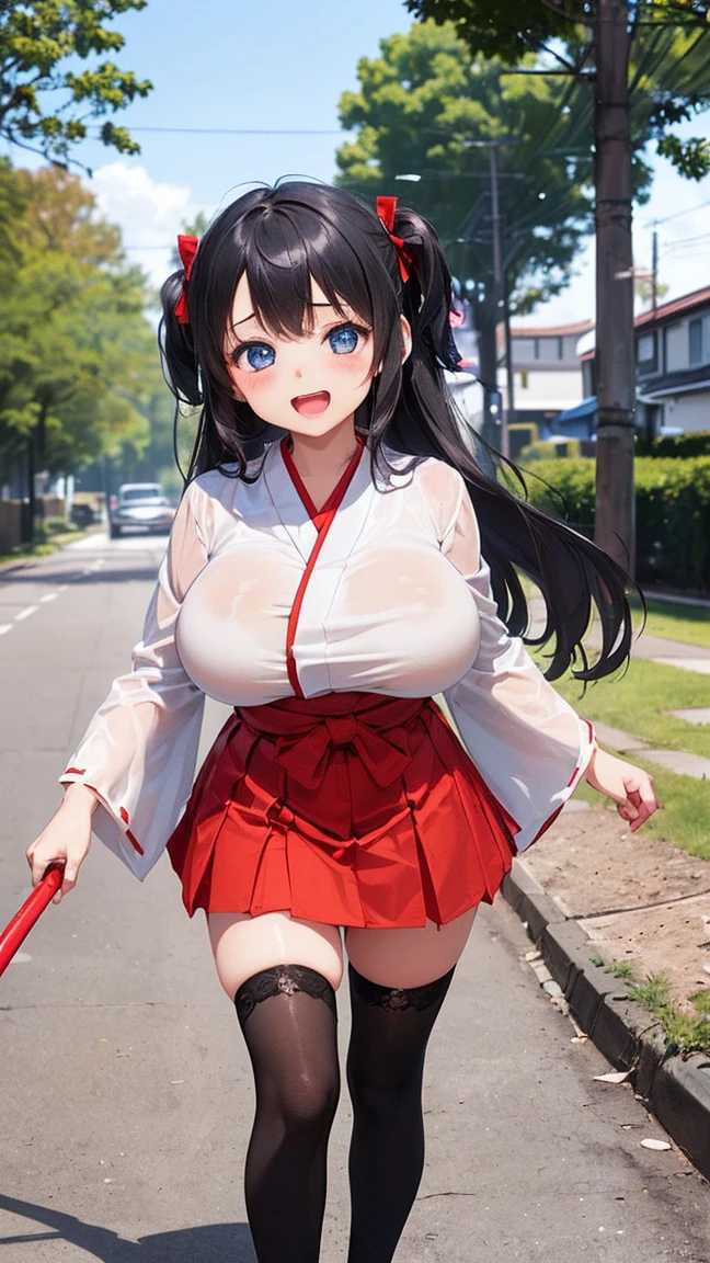 best quality,1girl,((big breasts:1.5)),((((loli,10 years old,,little girl:1.3)))),curvy,orgasm,ahegao,blush,blue eyes,black hair,long hair,((two side up:1.1)),((miko,red hakama,mini skirt,thighhighs:1.1)),((walking)),see through,shrine