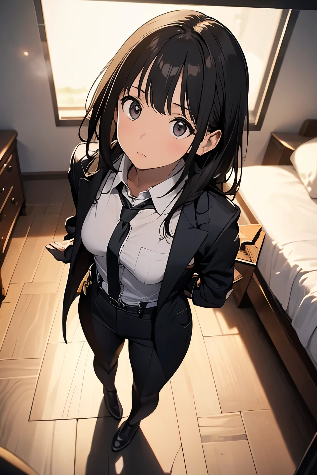 1 female, , high quality, masterpiece, Ultra-high resolution, , Cinema Lighting, , , And the suspenders with the cranes flying Moderate breasts Small face holster Lying in bed Looking up Sweat belt summer 脇Sweat Black Hole Gloves suit shirt Black jacket Black trousers Leg Links ズボンにbelt holster Hands behind your back Anxious expression Looking up Anxious face, legs apart