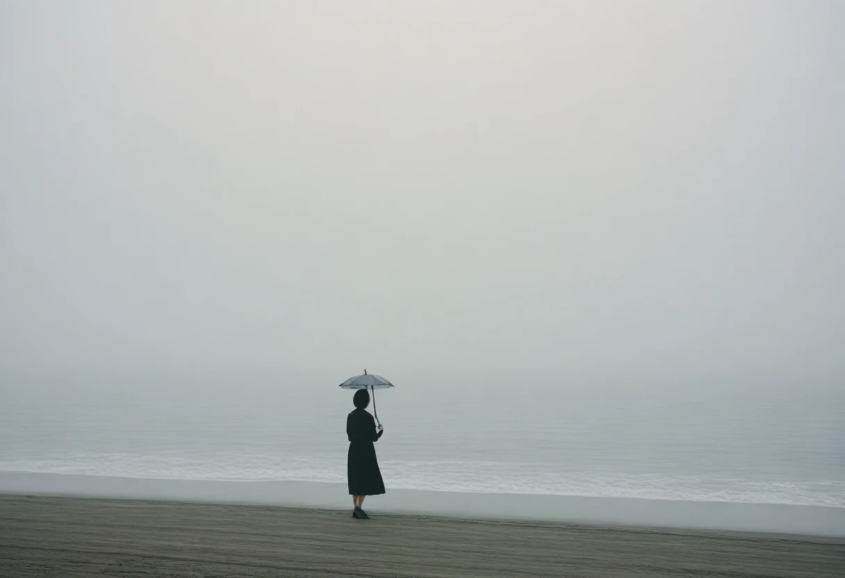 Good Long Beach, A short-haired woman walking from afar, alone, A horizon without any mountains, Fog가 낀, afternoon, depressed, tide가 밀려온다, Fog, ocean, tide, umbrella , wind, short korean woman, 잔잔한 tide