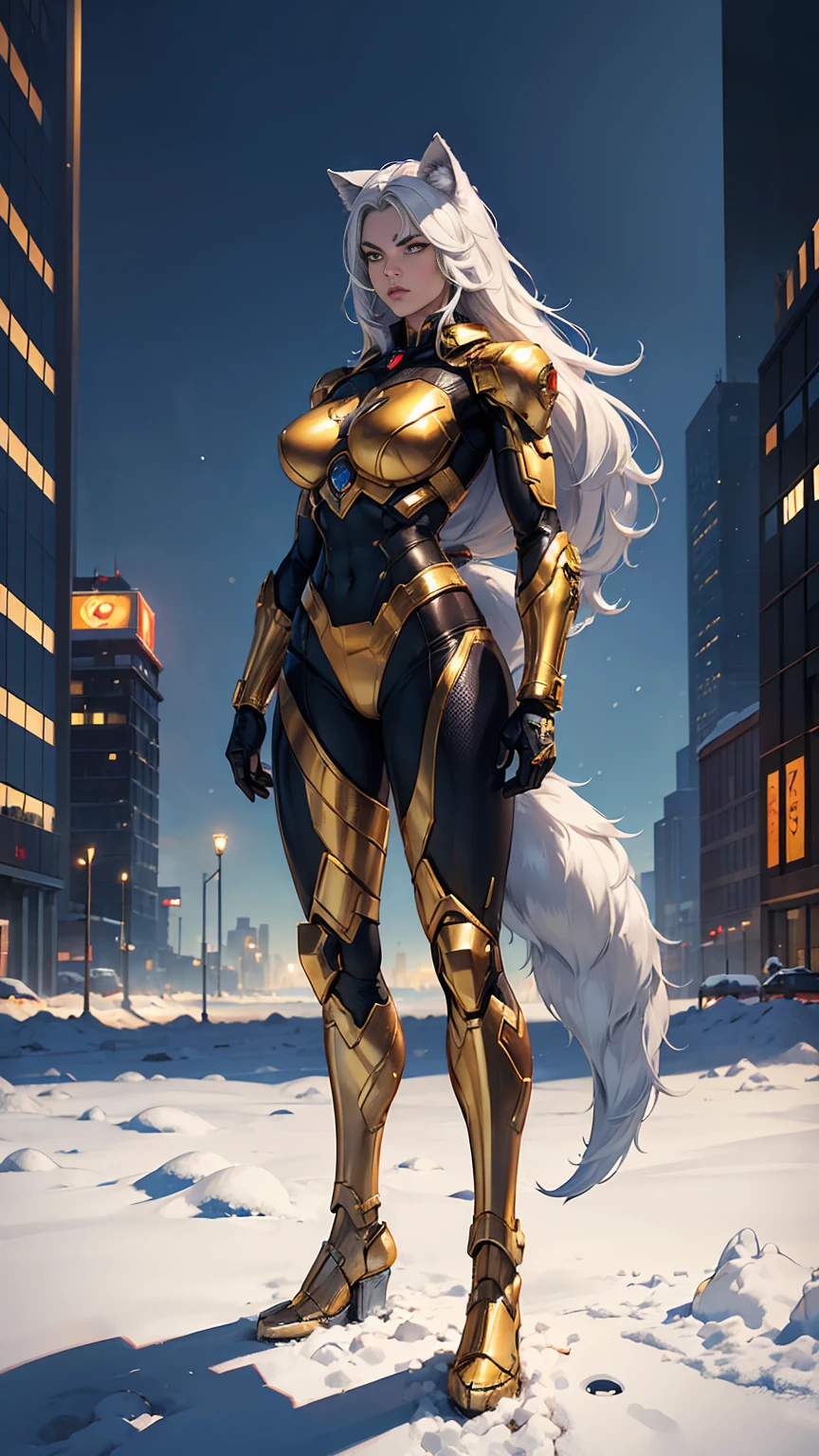 ((full-length photo, standing, feet on the ground)) Superhero female, half wolf, half cyborg, intimidating, full body shot, wearing golden suit, in the snow, manhattan