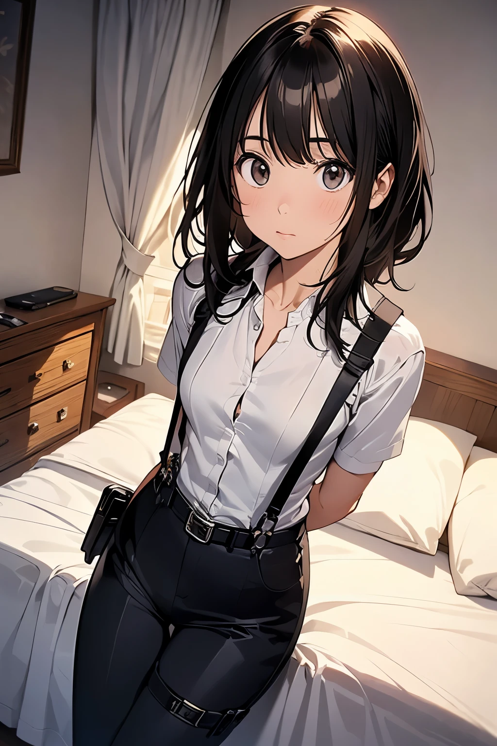 1 female, , high quality, masterpiece, Ultra-high resolution, , Cinema Lighting, , , And the suspenders with the cranes flying Moderate breasts Small face holster Lying in bed Looking up Sweat belt summer 脇Sweat Black Hole Gloves suit shirt Black jacket Black trousers Leg Links ズボンにbelt holster Hands behind your back Anxious expression Looking up Anxious face, legs apart