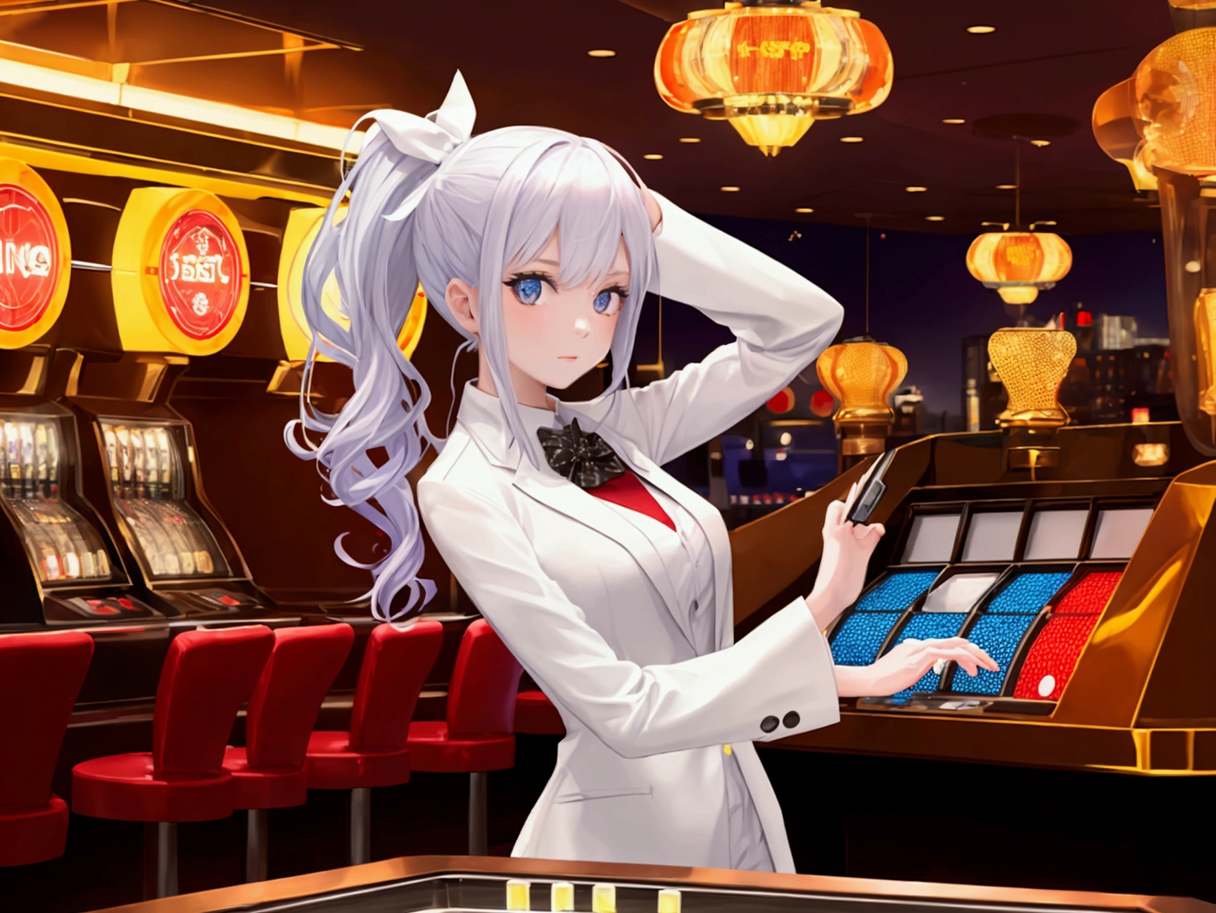 girl at a dice machine in casino, 3 large white dices in a glass cylinder. colorful casino atmosphere
