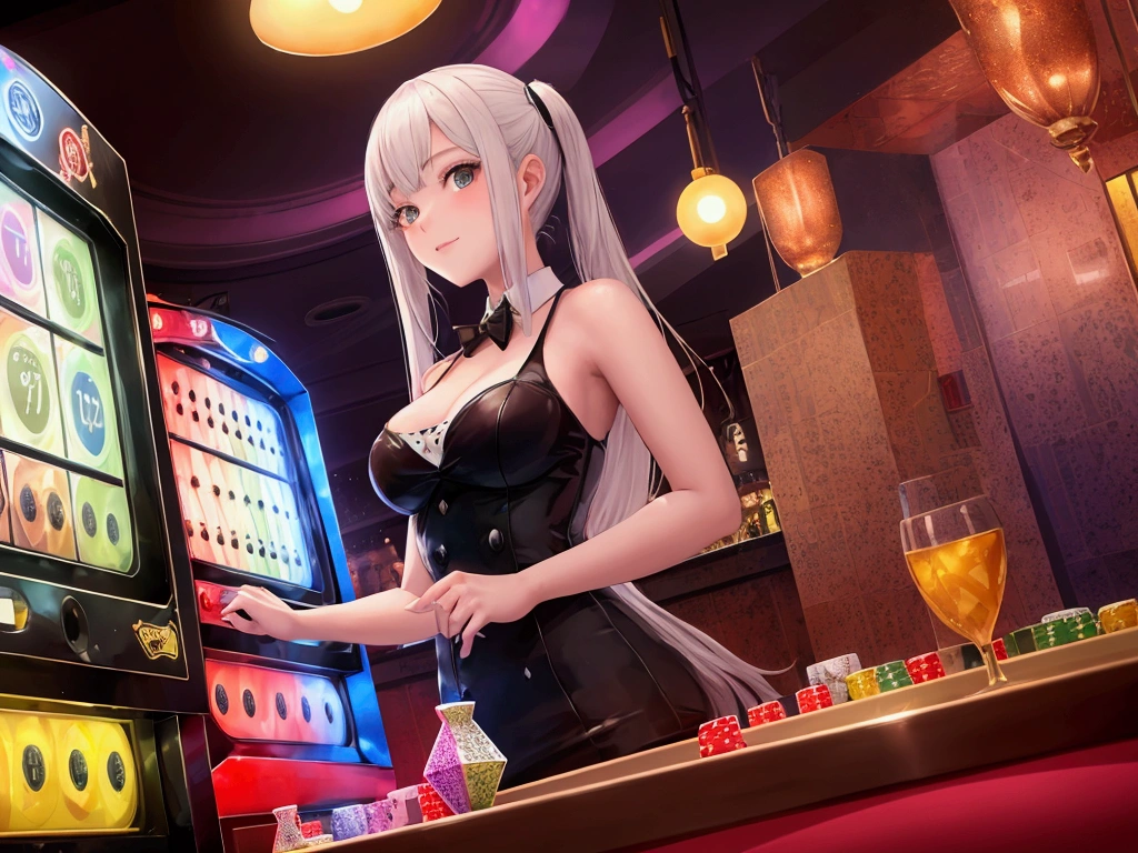 girl at a dice machine in casino, 3 large white dices in a glass cylinder. colorful casino atmosphere