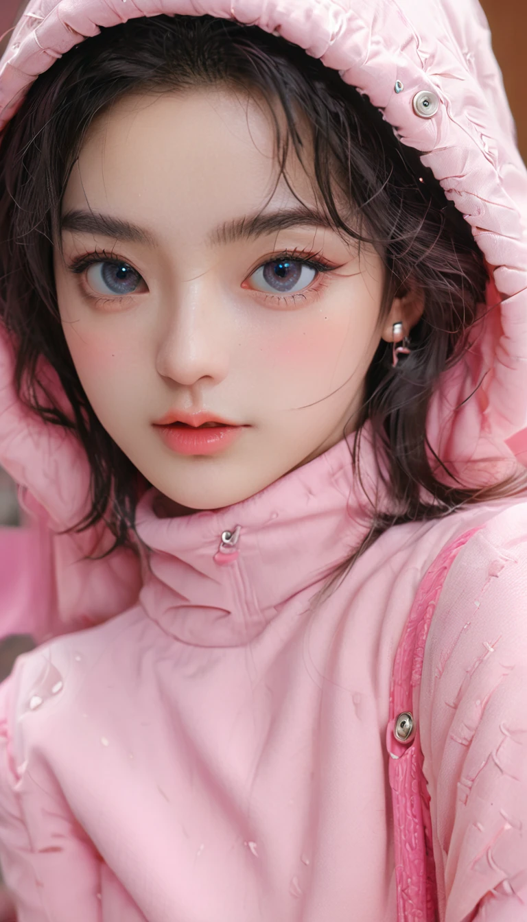 8K, best quality, masterpiece, Ultra-high resolution, (realism: 1.4), original photo, (Realistic skin texture: 1.3), (Film Grain: 1.3), (Selfie Angle), 1 girl, Pink clothes, Sapphire eyes and beautiful facial details, masterpiece, best quality, close up, Upper Body