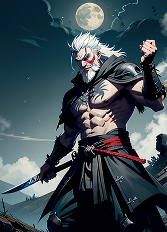 RageALot, the Fallen Beast is a legendary werewolf warrior and the founder of the Wolf Clan. He is an old man with white hair and beard, big white sharp fangs and his left eye scared from battles, wearing a white torn leather fur with blood spots and a dark cloak. He carries a katana and a spear. He has a big madman smile. He has a neck Tattoo.
The field is covered with blood and corpses of soldiers who died in the battle. The sky is dark with full moon, and lightning flashes occasionally. Isshin emerges from Genichiro’s body after he sacrifices himself to revive him using the Black Mortal Blade. He respects Sekiro as a worthy opponent and challenges him to a final duel for the fate of Ashina.
moon, dark theme, light, fantasy,