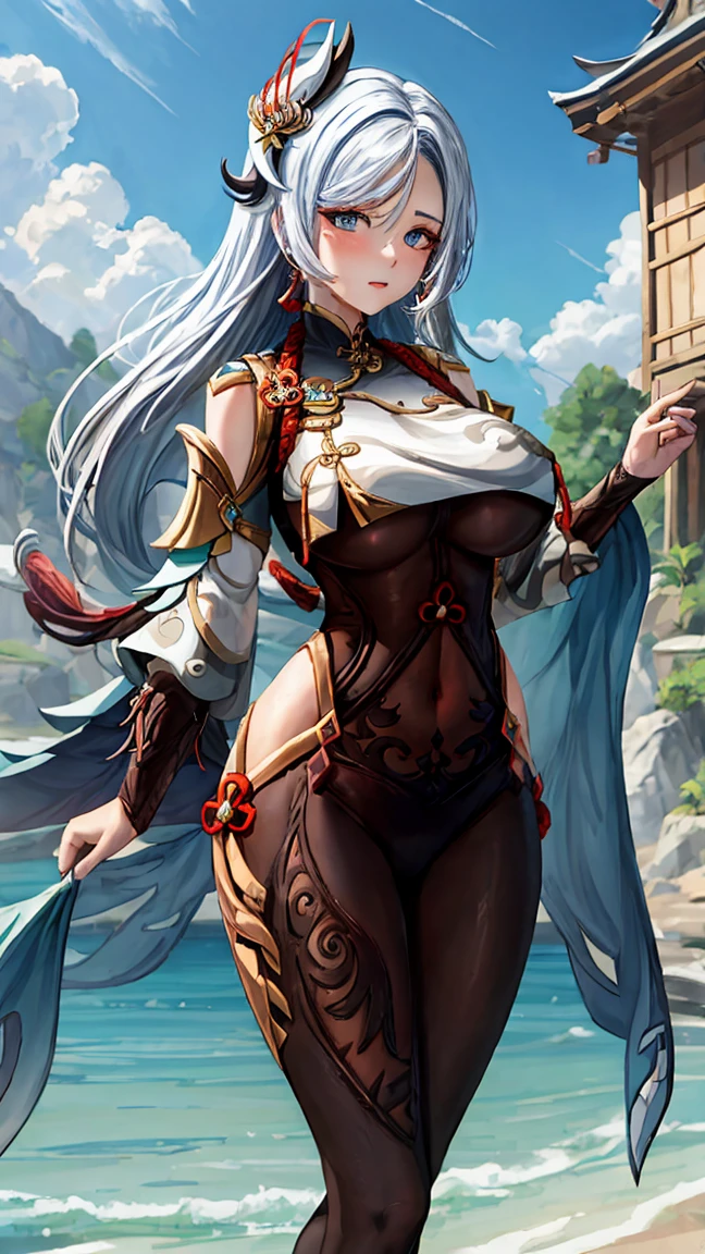 Masterpiece, high quality, shenhe \(genshin impact\), genshin impact, big breasts, busty, sexy, wide hips, white hair, blue eyes, hair ornament, breast curtains, bodystocking, hip vent, outdoor, 