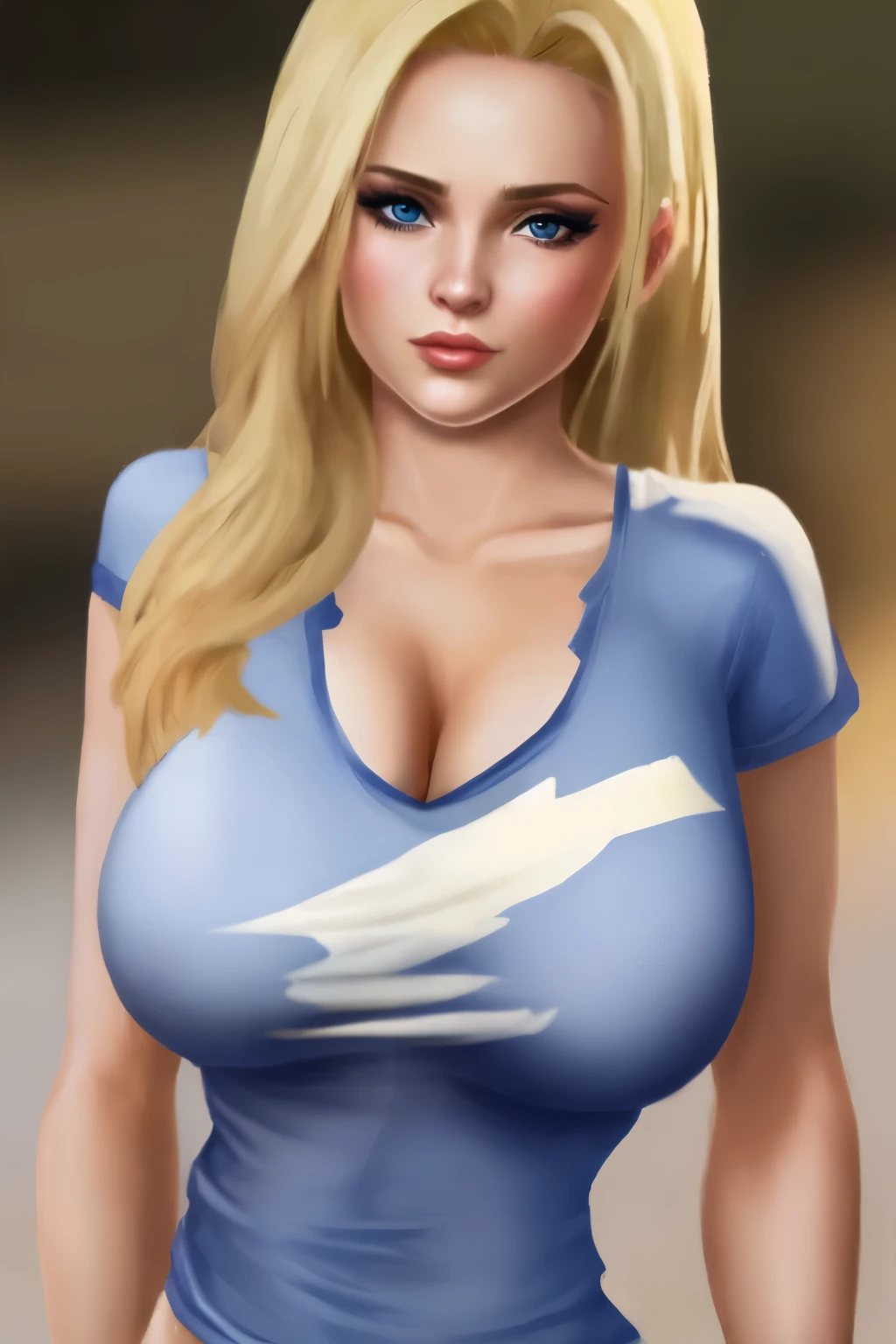 sexy blonde, 30 years old, top figure, big breasts, beautiful cleavage in a sheer t-shirt, sexy, gta painted image, GTA style