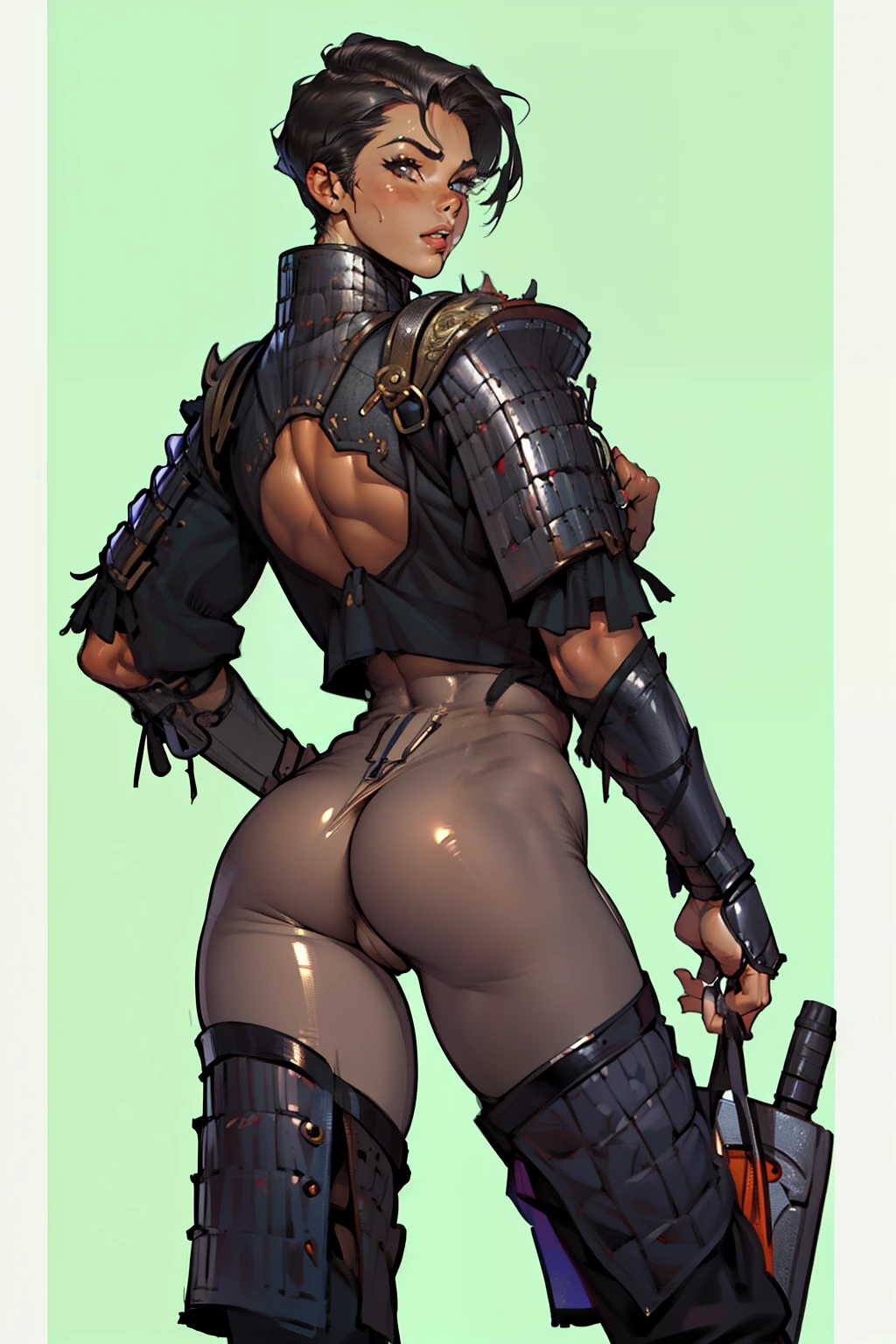(high resolution, pixel perfect, gorgeous illustrations), (hyper quality, muste piece, etheric: 1.4), ((nsfw)), (((cowboy shot))), ((1girl)), (female savage), woman, bitch, (((show your butt hole:1.3))), (((open stance))), cool atmosphere, black hair, (((((very short hair, slicked_back_hair))))), Exquisite face, ((orgasm)), blush, (((((((muscular_female))))))), (thick thighs, wide hips, Big breasts that are about to burst), fighter, (((wh_chi_armor))), black bodysuit, see through, (((((cameltoe))))), high heel boots, shiny skin, gleaming skin, sweat, simple background,