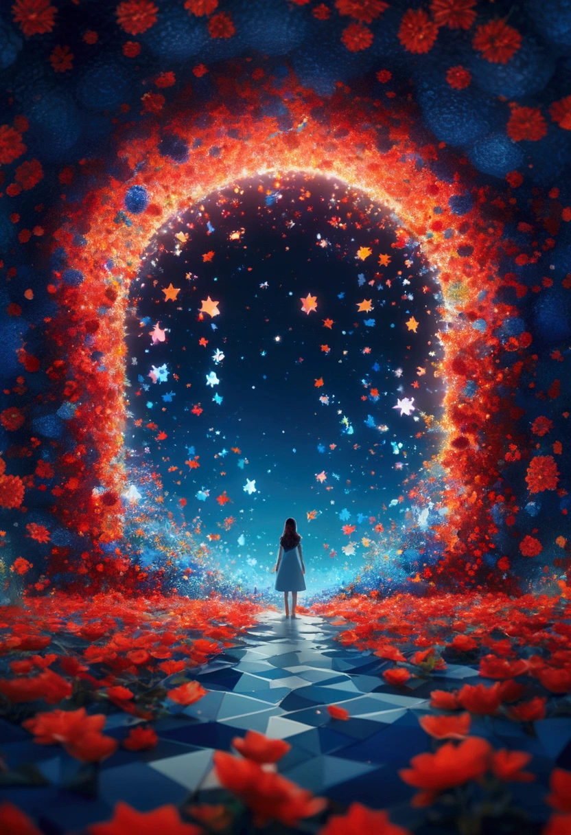 night，Beautiful girl with blue gradient dissolving pixels, 3D Voxel Blocks, A structure that was initially intact but gradually disintegrated in the air, Thousand Flower Glass, Starry Sky，fantasy，magic，mystery，illusory，Dreamy，Inverted, red symmetry, high quality，Octane Rendering，Concept map of the scene,