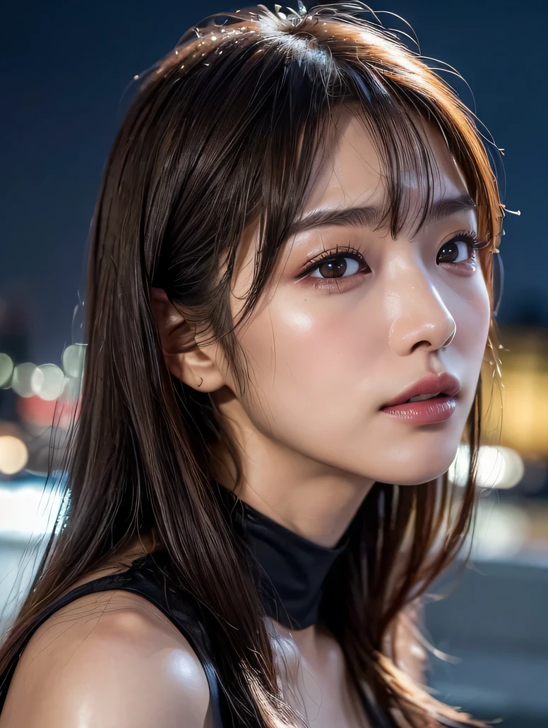(((Face close-up)))、(((Hotel at night)))、(((Goth)))、((((Thin loungewear)))、Half Japanese and half Korean、40-year-old woman、Looking forward、Light eye makeup、Brown Hair Color、Hair blowing in the wind、quality、Shiny Ultra-Realistic Face、Plump、glossy、Tempting、Sweat、wet、Watery eye、sexly、I feel、Subtle lighting effects、Ultra-Realistic Capture、Very detailed、High resolution 16K human skin closeup。Skin texture must be natural、The detail must be such that the pores are clearly visible.、The skin is healthy、Even Tone、Use natural light and colors、High quality photos taken in-house by a model agency photographer、smile、(((SIGMA 300 mm F/1.4、1/1000 sec shutter、ISO 400)))