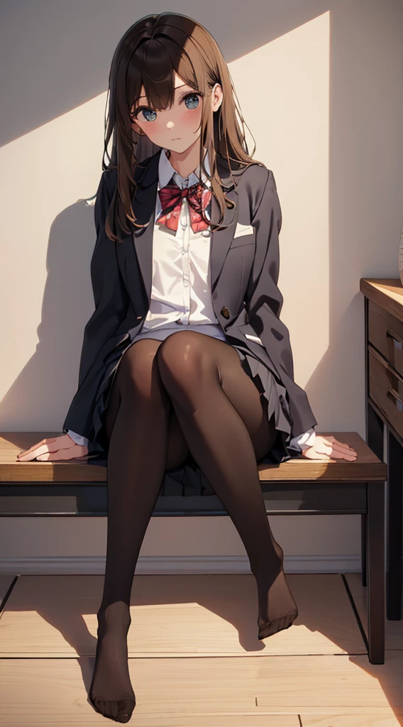 Top quality, masterpiece, High resolution, (Head to toe full body), front, frontやや下からの構図, Symmetric, Tall 18 year old girl, alone, (Head to toe), (Small breasts), Unkempt brown hair, bangs, (black tights), (Black Pantyhose), (Sit with your legs apart), (Crouching pose), (A composition showing white panties), (Her legs were spread、I see your white pants.), (I was made to sit on the floor with my legs spread..), (M-shaped legs), Thin legs, A very beautiful and tall 18 year old girl, (No shoes), blush, Shy big eyes, looking at the camera, Blazer Uniform, Checkered Pleated Skirt