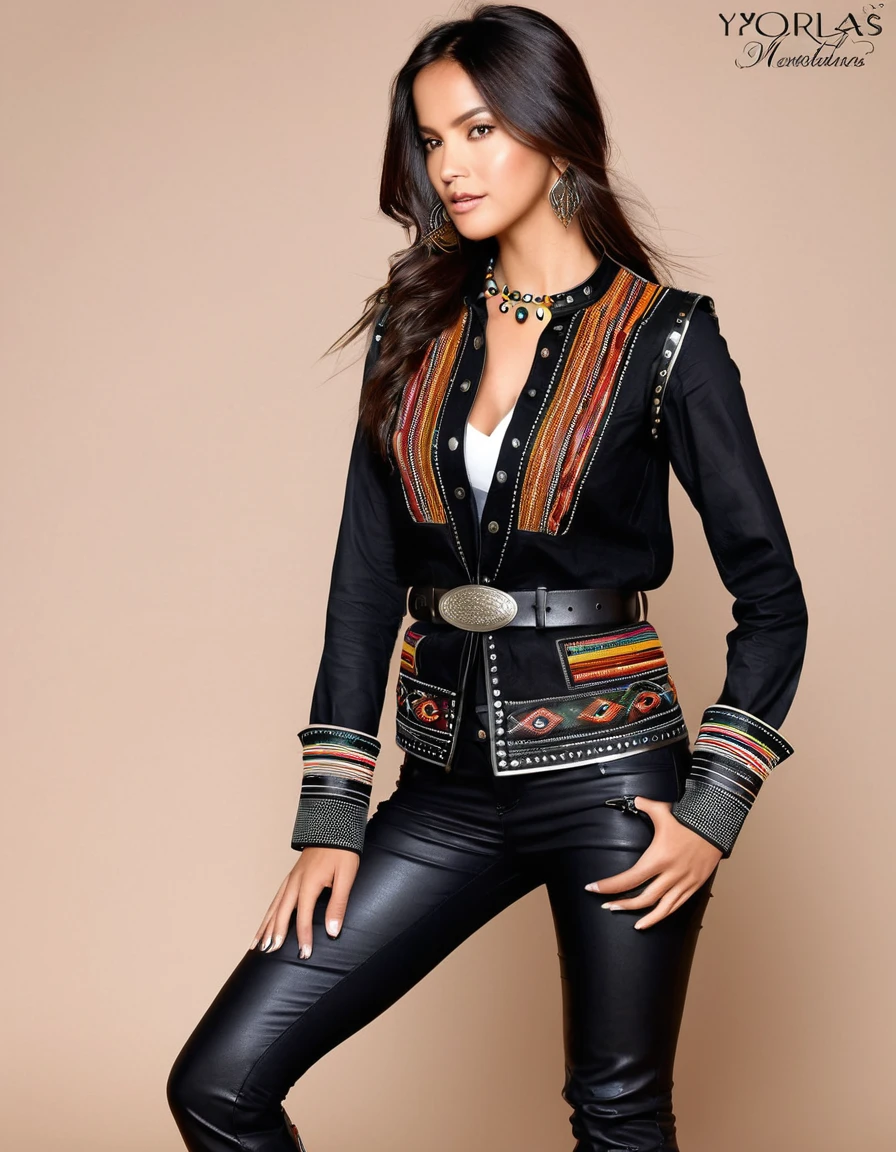 rocker man, cabello recogido

shirt**: black, of long sleeve, with embroidery of indigenous motifs on the cuffs and collar. Rolled up sleeves for a more relaxed look.
- **Jacket**: Black leather with stud details and metal patches, with indigenous embroidery on the shoulders and back.
- **pants**: De cuero negro tight, with chain details and tribal embroidery on the sides.
- **belt**: Leather with large buckle decorated with indigenous motifs y detalles metálicos.
- **accessories**: Leather bracelets with metal details, bead and feather necklaces, and silver rings with indigenous motifs.
- **shoes**: Black military boots with buckles and metal details.
- **sombrero**: sombrero guavateño tradicional con una cinta de cuero y detalles metálicos y de plumas.

**3. Modern Ethnic Style:**
- **shirt**: black of long sleeve con detalles bordados de motivos indígenas muiscas en los puños y el cuello. It can be made of linen or cotton for greater comfort.
- **vest**: Dark brown or black leather, with indigenous embroidery on the front and edges. Decorative metal buckles.
- **pants**: Denim or black leather, tight, with indigenous embroidery details on the sides and metal patches.
- **belt**: Leather with large buckle decorated with indigenous motifs. May have feather and bead details.
- **accessories**: Leather bracelets with metal details y bordados indígenas. Bead and feather necklace, with a small pendant representative of the Muisca culture.
- **shoes**: Black leather boots with metallic details and thick laces. Comfortable and resistant for long standing sessions