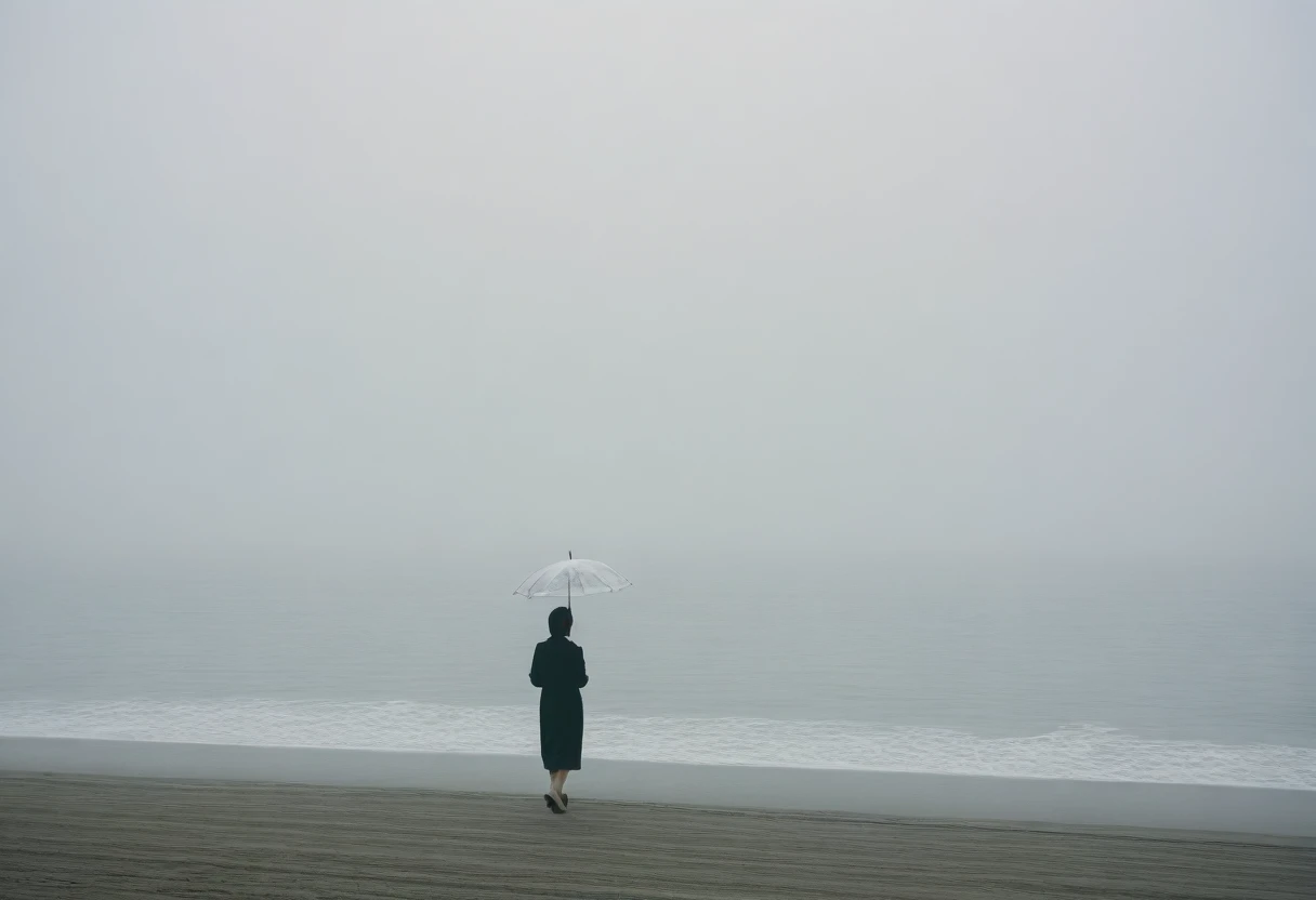 deserted long beach, A short-haired woman walking from afar, alone, A horizon without any mountains, Fog가 낀, afternoon, depressed, tide가 밀려온다, Fog, ocean, tide, umbrella , wind, short korean woman, 잔잔한 tide