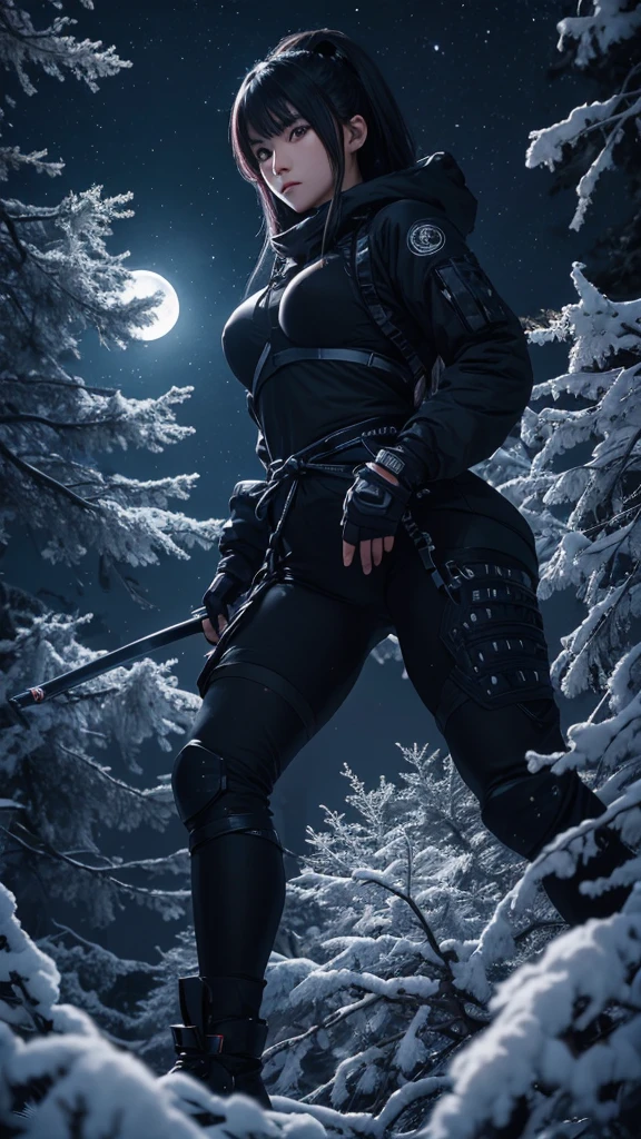 8K resolution, high image quality, high quality, real, female, ninja, Kuichi, ice-cold eyes, moonlit night, full moon, lurking in pine tree branches, image from head to toe,