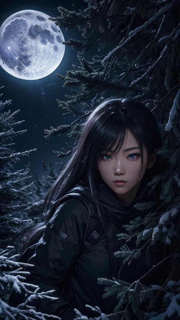 8K resolution, high image quality, high quality, real, female, ninja, Kuichi, ice-cold eyes, moonlit night, full moon, lurking in pine tree branches, image from head to toe,