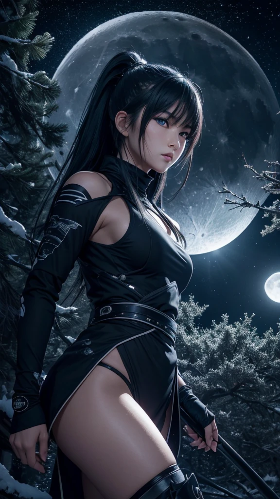 8K resolution, high image quality, high quality, real, female, ninja, Kuichi, ice-cold eyes, moonlit night, full moon, lurking in pine tree branches, image from head to toe,