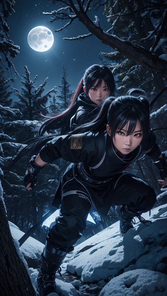 8K resolution, high image quality, high quality, real, female, ninja, Kuichi, ice-cold eyes, moonlit night, full moon, lurking in pine tree branches, image from head to toe,