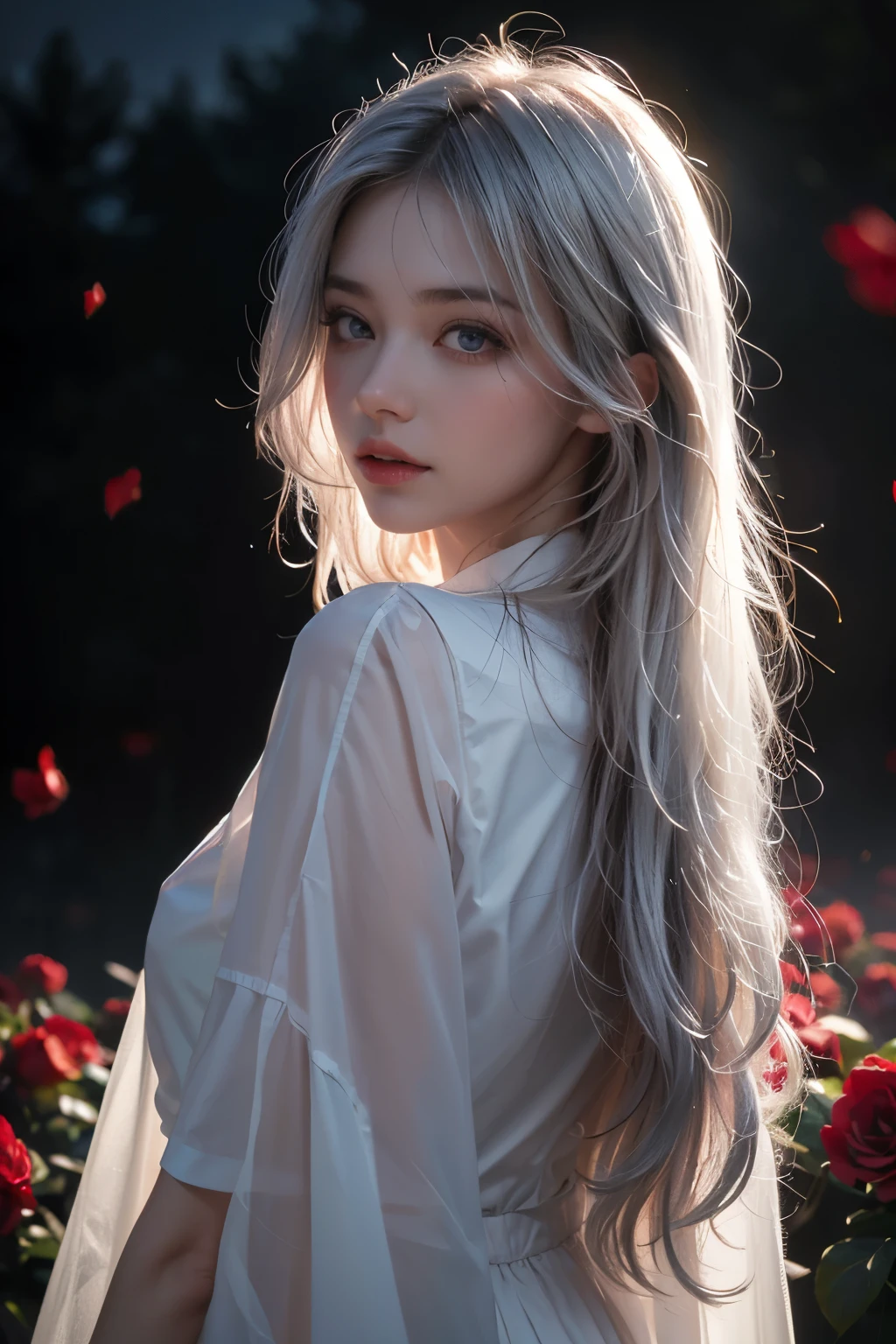 1girl,solo,1girl,solo,((beautiful detailed eyes)), (detailed light),depth of field,(white hair),silver eyes,hair over one eye,(red flower ), hair flower,long hair,black cloak,wet,emotionless,looking back,night,starfall,raining,fog,red flowers falling,sketch,upper body,intense shadows,