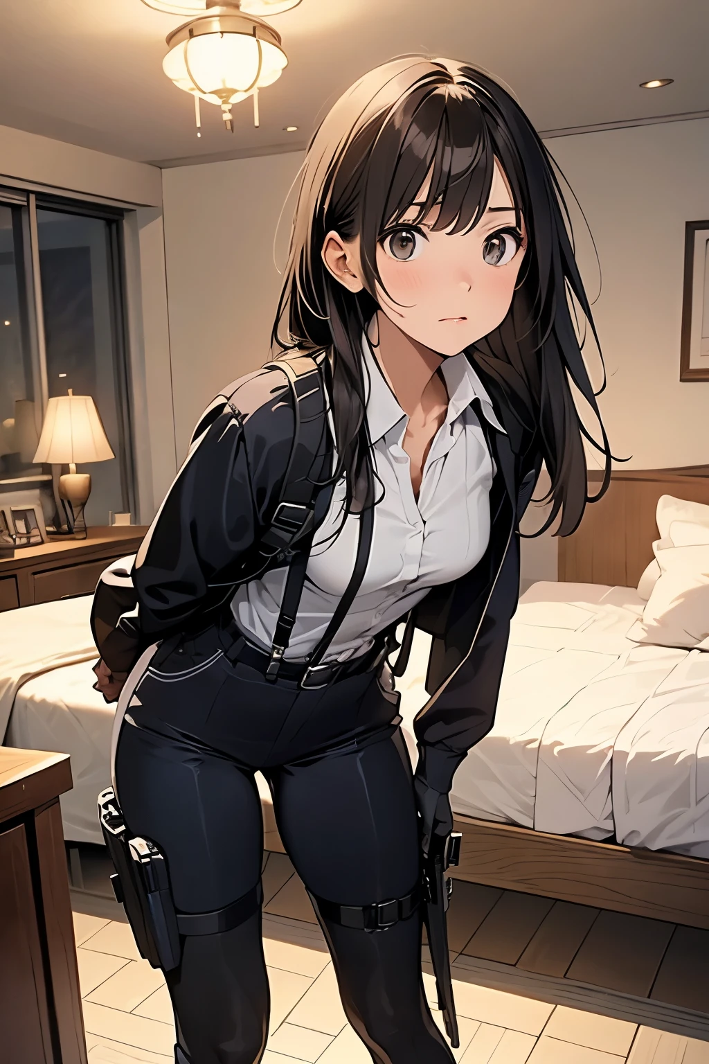 1 female, , high quality, masterpiece, Ultra-high resolution, , Cinema Lighting, , , And the suspenders with the cranes flying Moderate breasts Small face holster Lying in bed Looking up Sweat belt summer 脇Sweat Black Hole Gloves suit shirt Black jacket Black trousers Leg Links ズボンにbelt holster Hands behind your back Anxious expression Looking up Anxious face, legs apart