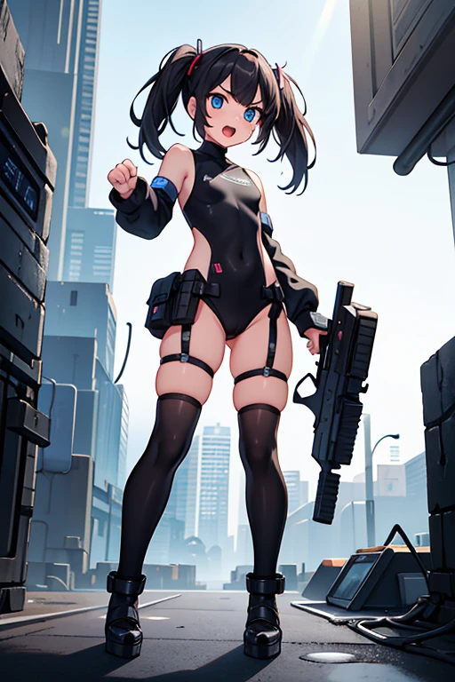 Ten_years_old girl, high cut leotard, angry scream, open mouth, freckled skin, body freckles, pigtails hair, fighting, Battle, Cyberpunk, platform heels, fullbody, standing, front pose,gun stockings, shoulderless,