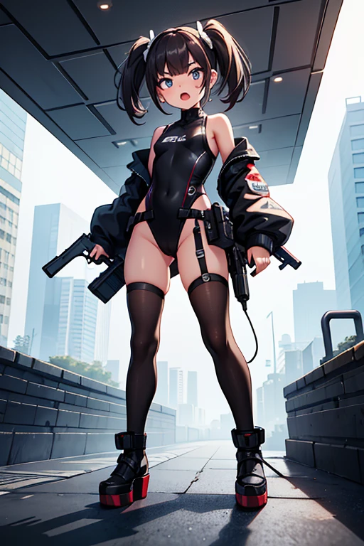 Ten_years_old girl, high cut leotard, angry scream, open mouth, freckled skin, body freckles, pigtails hair, fighting, Battle, Cyberpunk, platform heels, fullbody, standing, front pose,gun stockings, shoulderless,