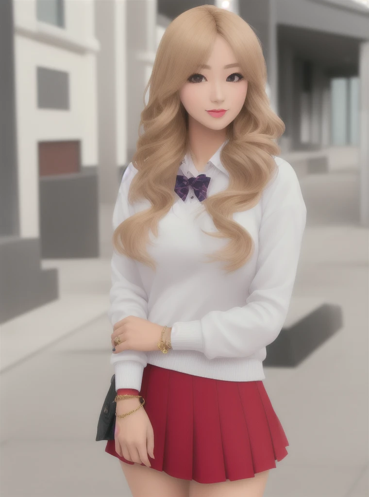 8k, solo beautiful (kogal gyaru) girl, hair accessory, jewellery, makeup, bracelet, painted nails, makeup,
((school uniform)), bow, red pleated skirt, beige sweater, , 1990-2000s Japanese teenage fashion
honey blonde hair, slightly darkish tanned skin 