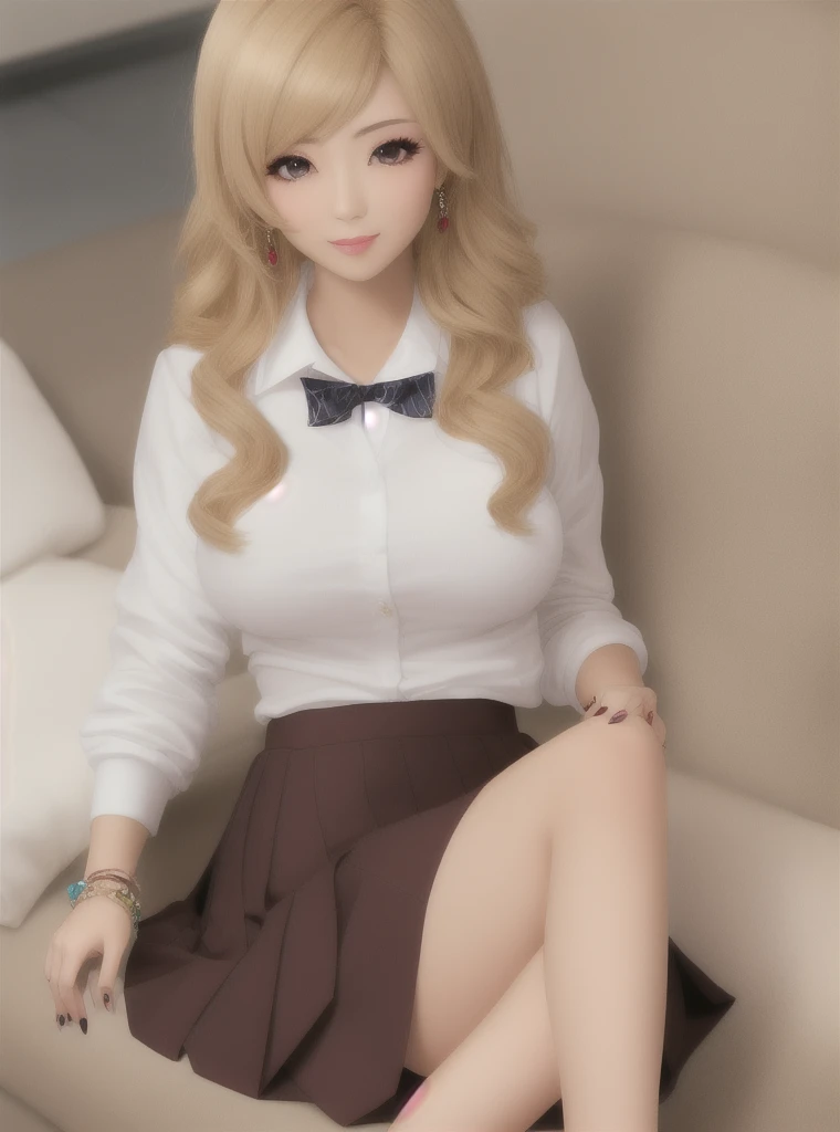 8k, solo beautiful (kogal gyaru) girl, hair accessory, jewellery, makeup, bracelet, painted nails, makeup,
((school uniform)), bow, red pleated skirt, beige sweater, , 1990-2000s Japanese teenage fashion
honey blonde hair, slightly darkish tanned skin
