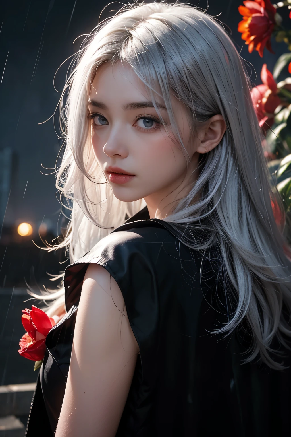 1girl,solo,1girl,solo,((beautiful detailed eyes)), (detailed light),depth of field,(white hair),silver eyes,hair over one eye,(red flower ), hair flower,long hair,black cloak,wet,emotionless,looking back,night,starfall,raining,fog,red flowers falling,sketch,upper body,intense shadows,
