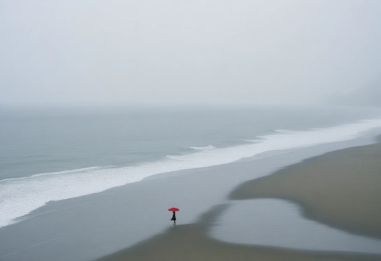 deserted long beach, A short-haired woman walking from afar, alone, A horizon without any mountains, Fog가 낀, afternoon, depressed, tide가 밀려온다, Fog, ocean, tide, umbrella , wind, short korean woman, 잔잔한 tide