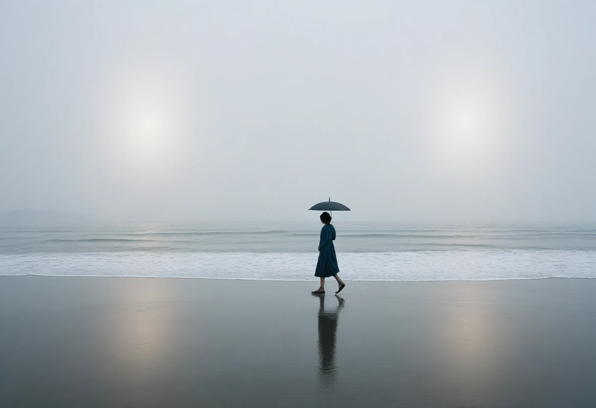 deserted long beach, A short-haired woman walking from afar, alone, A horizon without any mountains, Fog가 낀, afternoon, depressed, tide가 밀려온다, Fog, ocean, tide, umbrella , wind, short korean woman, 잔잔한 tide