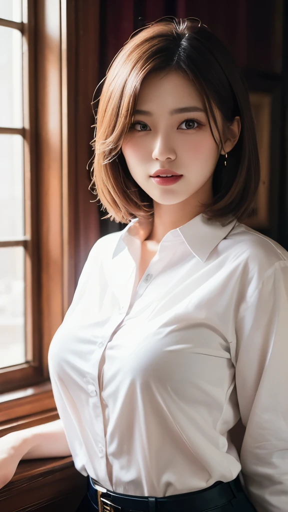 8K,Highest quality,(masterpiece:1.2),(Realistic),(Realistic:1.37),Ultra-high resolution,One Woman,smile,((Big Breasts)),Beautiful Eyes,(((White shirt))),Perfect body,Perfect Fingers,Professional Lighting,gravure,Detailed face and skin texture,fine grain,RAW Photos