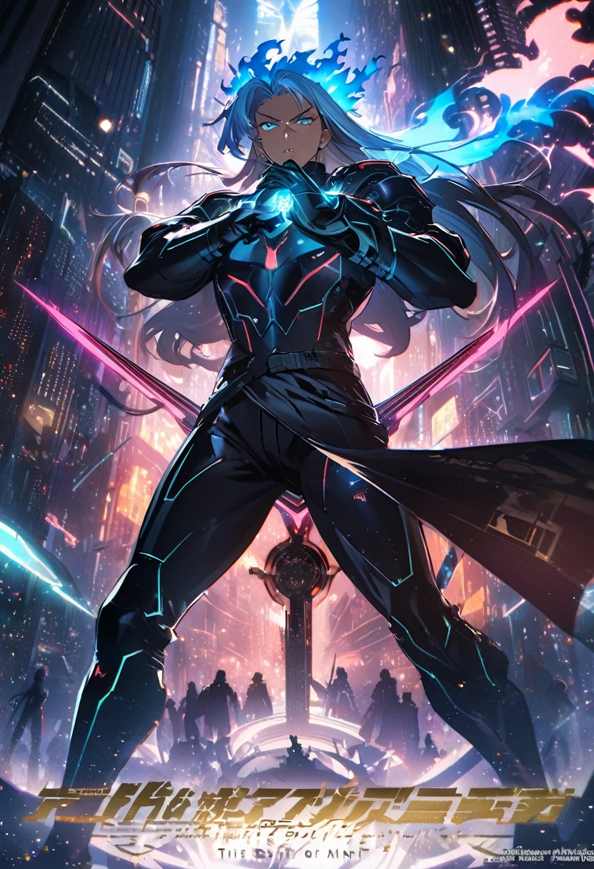 detailed plain book cover with title/subtitle/author names, The cover showcases a futuristic cityscape of AstroNexus with towering buildings and neon lights under a starry night sky. In the center, Xavier Blaise stands in a ready-to-fight pose, his face showing determination and courage, with his hair flowing and dressed in futuristic attire. Surrounding his hand, fiery star energy from his martial spirit, Blazing Starfire, flickers vividly, adding a dynamic and powerful visual effect. Silhouettes of friends and allies appear in the background, along with a small Imperial emblem to hint at the world's setting. Its title is "Journey of the Soulbound Warrior". The title "Journey of the Soulbound Warrior" is displayed in bold and impactful font, with a futuristic and metallic texture. The author's name is placed in a sleek and modern font at the bottom., The title is placed at the top of the cover, with the author's name at the bottom. The main visual elements are centered, creating a balanced composition., --v 6 --stylize 100 --ar 10:16 --seed 1027612882