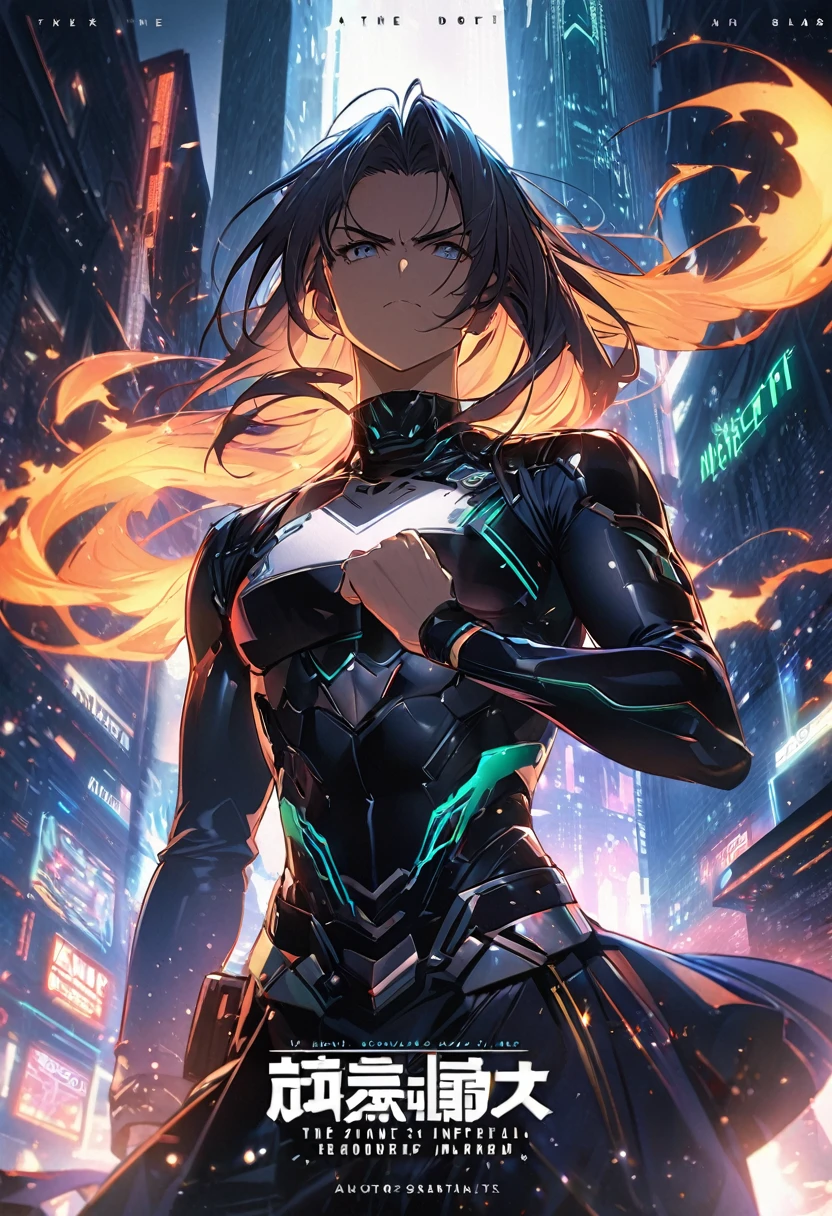 detailed plain book cover with title/subtitle/author names, The cover showcases a futuristic cityscape of AstroNexus with towering buildings and neon lights under a starry night sky. In the center, Xavier Blaise stands in a ready-to-fight pose, his face showing determination and courage, with his hair flowing and dressed in futuristic attire. Surrounding his hand, fiery star energy from his martial spirit, Blazing Starfire, flickers vividly, adding a dynamic and powerful visual effect. Silhouettes of friends and allies appear in the background, along with a small Imperial emblem to hint at the world's setting. Its title is "Journey of the Soulbound Warrior". The title "Journey of the Soulbound Warrior" is displayed in bold and impactful font, with a futuristic and metallic texture. The author's name is placed in a sleek and modern font at the bottom., The title is placed at the top of the cover, with the author's name at the bottom. The main visual elements are centered, creating a balanced composition., --v 6 --stylize 100 --ar 10:16 --seed 1027612882