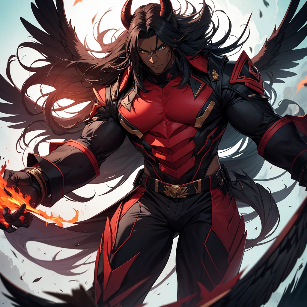 Male character, handsome, dark skin, black wings, wearing a red suit, long white hair, emerald green eyes, his appearance is that of a fire demon, giant horns, bodybuilder, an intimidating appearance, blue background