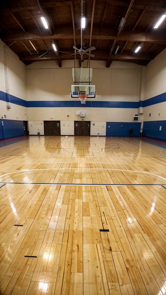 A brightly lit indoor basketball court with freshly polished wood floors and clear markings.
