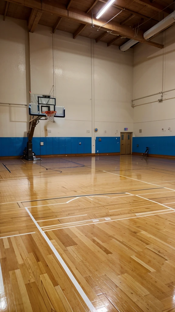 A brightly lit indoor basketball court with freshly polished wood floors and clear markings.