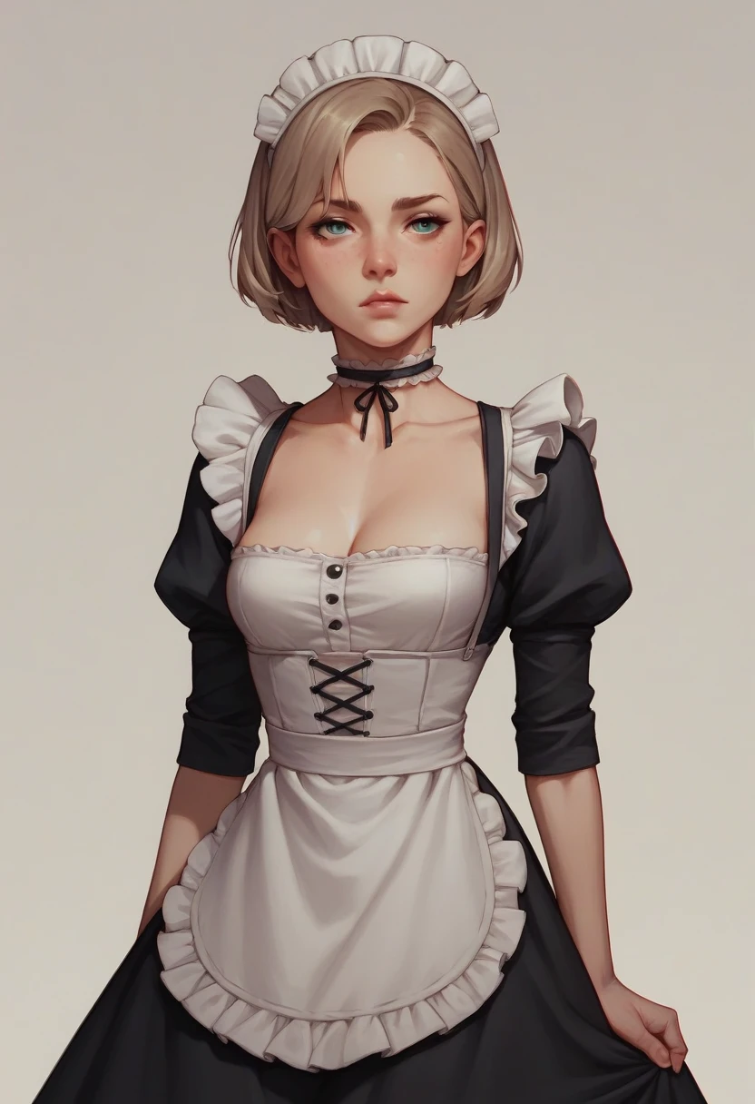 choker, Maid&#39;s Headdress, Black kimono, Wide sleeves, Frills, heart, White apron, Sleeves are longer than the wrist, skirt, red skirt, Brown footwear, Cross-laced shoes、Huge breasts、Upper Body、blush、Cleavage、Huge penis、Staring at the penis、Sweat、Surprised Eyes、With eyes wide open