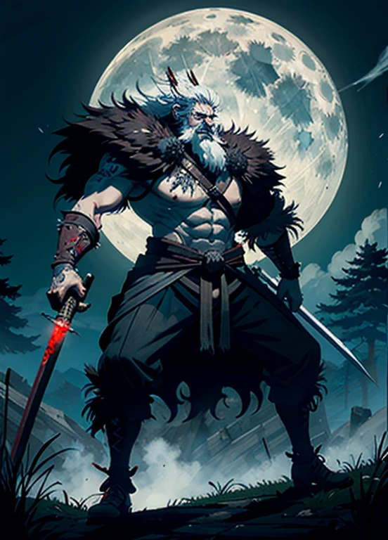 RageALot, the Fallen Beast is a legendary werewolf warrior and the founder of the Wolf Clan. He is an old man with white hair and beard, big white sharp fangs and his left eye scared from battles, wearing a white torn leather fur with blood spots and a dark cloak. He carries a katana and a spear. He has a big madman smile. He has a neck Tattoo.

The field is covered with blood and corpses of soldiers who died in the battle. The sky is dark with full moon, and lightning flashes occasionally. Isshin emerges from Genichiro’s body after he sacrifices himself to revive him using the Black Mortal Blade. He respects Sekiro as a worthy opponent and challenges him to a final duel for the fate of Ashina.
moon, dark theme, light, fantasy,