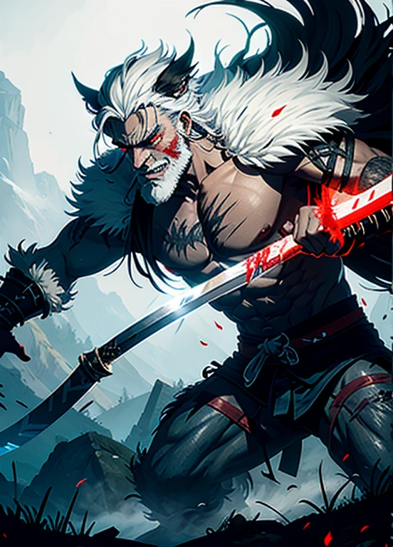 RageALot, the Fallen Beast is a legendary werewolf warrior and the founder of the Wolf Clan. He is an old man with white hair and beard, big white sharp fangs and his left eye scared from battles, wearing a white torn leather fur with blood spots and a dark cloak. He carries a katana and a spear. He has a big madman smile. He has a neck Tattoo.
The field is covered with blood and corpses of soldiers who died in the battle. The sky is dark with full moon, and lightning flashes occasionally. Isshin emerges from Genichiro’s body after he sacrifices himself to revive him using the Black Mortal Blade. He respects Sekiro as a worthy opponent and challenges him to a final duel for the fate of Ashina.
moon, dark theme, light, fantasy,