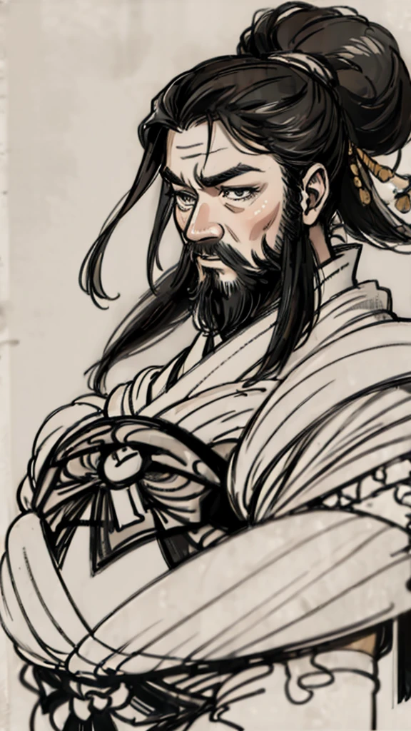 Monochrome,Oriental、Men in ancient Chinese costumes、(ancient chinese hairstyle male)、As seen in the Romance of the Three Kingdoms々military commander、Highest quality、masterpiece、Ultra-high resolution、(Realistic:1.4)、Game Poster、Crisp and beautiful image quality、beard、Embroidered cloth wrapped around a topknot、whole body ,((Skin of color, ),(Heavy Blackbeard):1.2), ( (Very detailed, bloom:1.5), (Highest quality, Concept Art, 4K), (analog:1.2), (high sharpness), (Detailed pupil:1.1), (Painting:1.1), (digital Painting:1.1), Detailed face and eyes, masterpiece, Highest quality, (Very detailed写真:1.1), 8K, photoRealistic, (Black Hair, Dynamic Short Hair), (PurerosFace_v1:0.2), [:(Detailed face:1.2):0.2], sharp, Realistic, Realistic Shadow, 