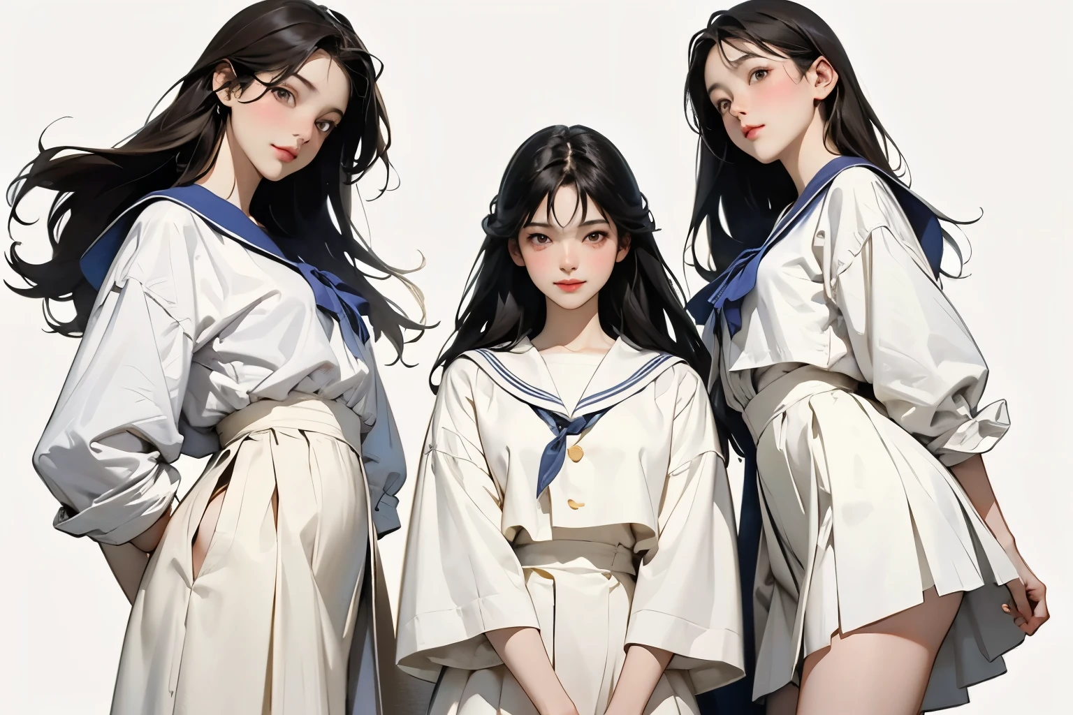 (Perfect Face,Illustration of three women in different clothes)、(3 Girls、With 3 people、natural standing posture)、(Girls standing in line)、( Half-body illustration)、((Character Concept Art))、(Detailed facial depiction、A kind smile)、Short dark brown hair、White Sailor Suit、Navy blue sailor collar、mini skirt、Pleated skirt、shoes、loafers、(Vintage、Classic)、(No logo)、((Watercolor of singer Sargent))、Impressionist style painting、White Background、(Front view:1.4)、(masterpiece, Highest quality:1.2),