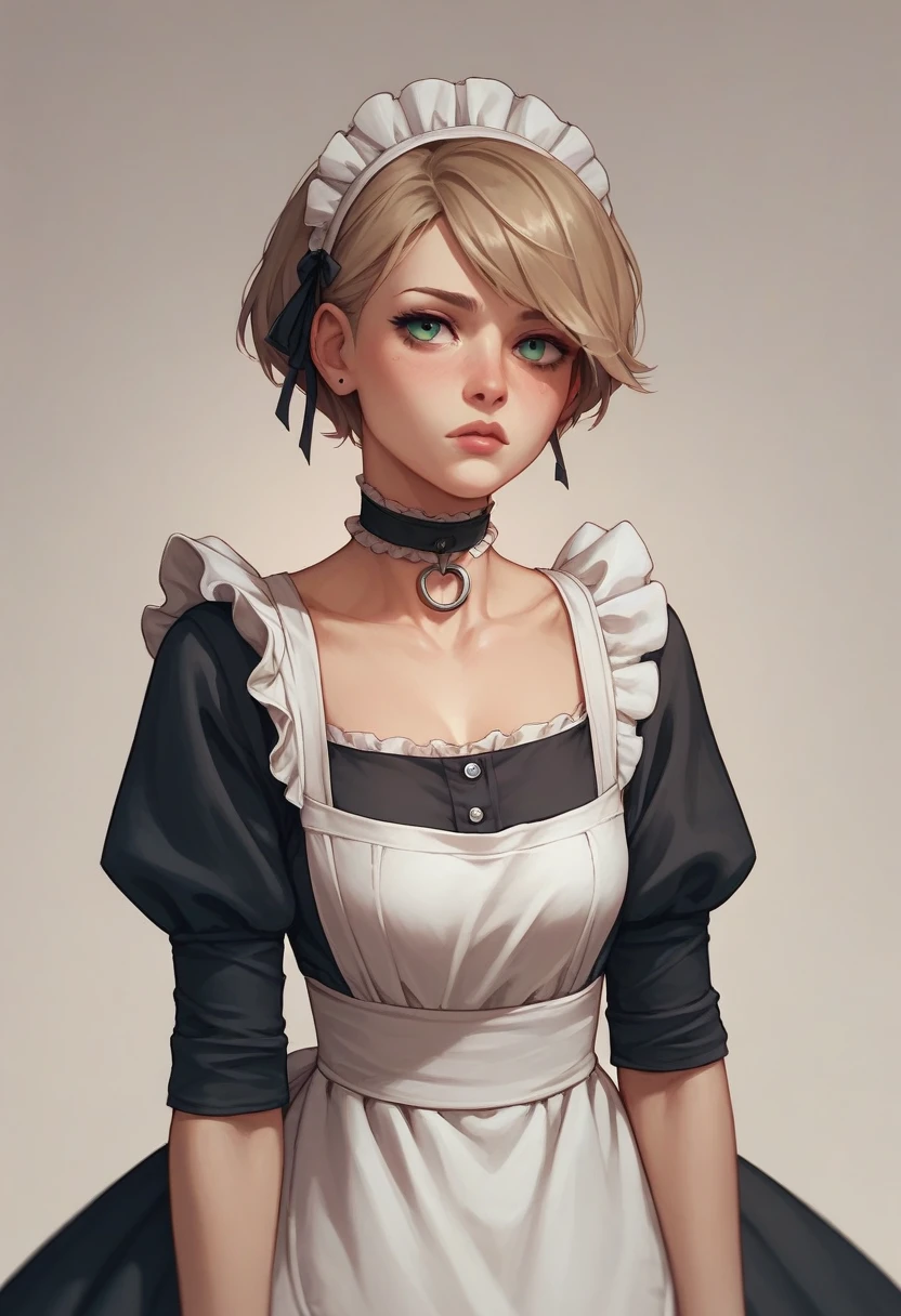 choker, Maid&#39;s Headdress, Black kimono, Wide sleeves, Frills, heart, White apron, Sleeves are longer than the wrist, skirt, red skirt, Brown footwear, Cross-laced shoes、Huge breasts、Upper Body、blush、Cleavage、Huge penis、Staring at the penis、Sweat、Surprised Eyes、With eyes wide open
