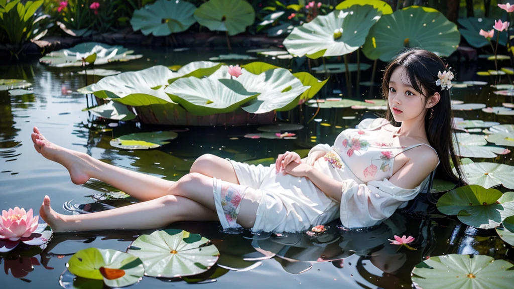 There is a girl sitting on a leaf, (white clothes), fresh color scheme, there is a plush toy, Guvez style artwork, popular on cgstation, illustrated by Li Song, soft anime, lying on a water lily mat, sitting on a lotus flower, cute and meticulous digital art, cute art style, in the pond, Yang J, cute digital art, Guvitz, sitting by the pond