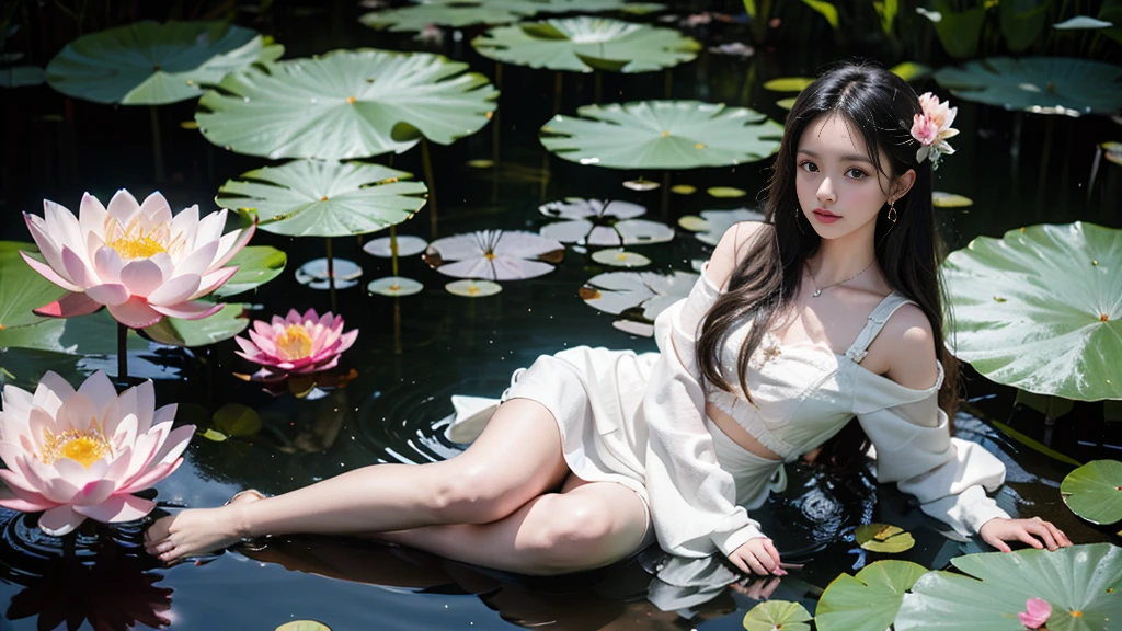 There is a girl sitting on a leaf, (white clothes), fresh color scheme, there is a plush toy, Guvez style artwork, popular on cgstation, illustrated by Li Song, soft anime, lying on a water lily mat, sitting on a lotus flower, cute and meticulous digital art, cute art style, in the pond, Yang J, cute digital art, Guvitz, sitting by the pond