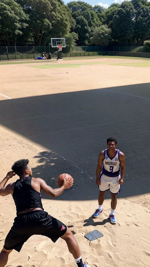 A wide shot of a basketball court with players practicing