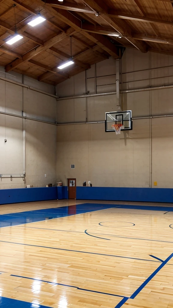 A wide shot of a basketball court with players practicing