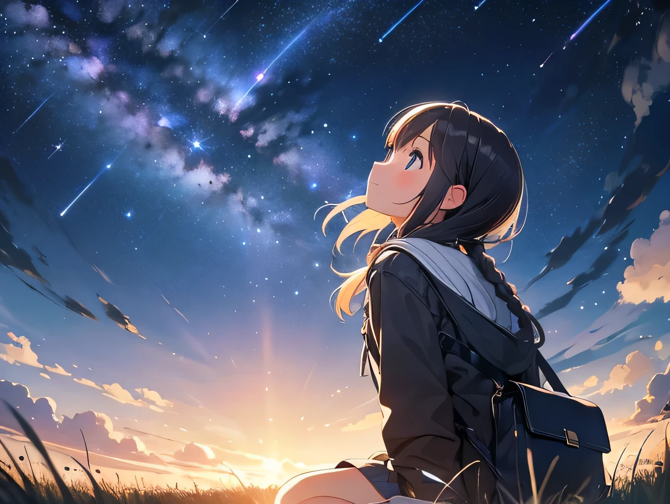 ((Facial detailing)),Rounded corners, 超High resolution, retina, Attention to detail, Highest quality, High resolution, 4K,Girl sitting on the meadow at night, Put your hands on the ground、Look up. The surroundings are shrouded in darkness, Above her is a sky full of bright stars. The stars emit brilliant light, Meteor showers create beautiful trails of light in the night sky. Countless shooting stars dance in the sky, Get the girl&#39;s attention. She is filled with quiet joy and awe., It&#39;s like touching the wonders of the universe.. The tranquil grassland gives her a sense of peace and magical energy., The glow of the night sky envelopes her soul.,Brown Hair,ponytail