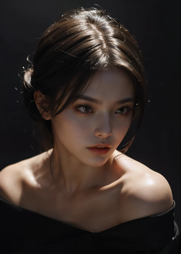 Best quality, masterpiece, ultra high res, (photorealistic:1.4), raw photo, 1girl, offshoulder, in the dark, deep shadow, low key, cold light