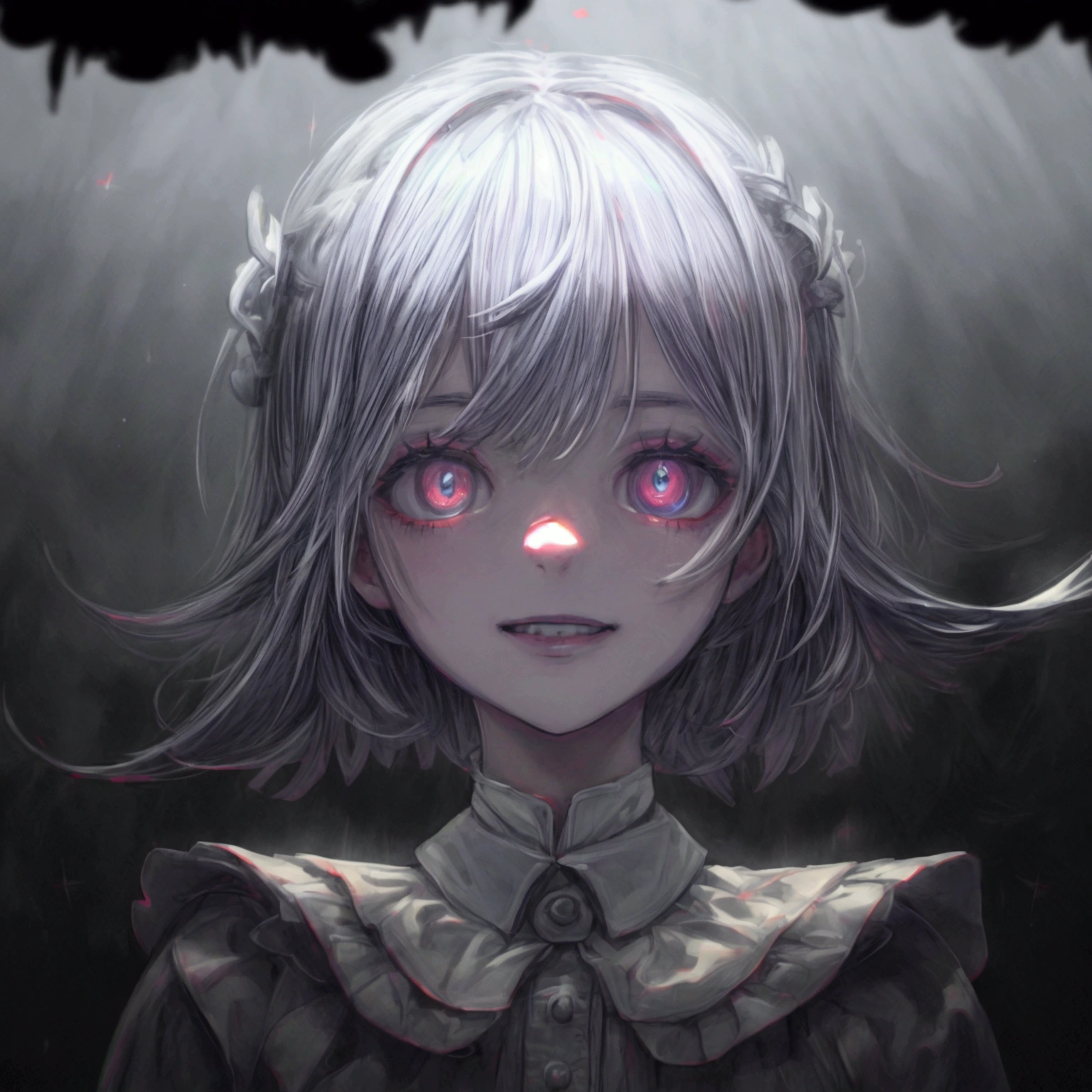 (8K, RAW Photos, Highest quality, masterpiece: 1.4), Ultra-high resolution, Very detailed, Light, Upper body close-up, One girl, White eyes, (Eyes of Terror, Shining eyes:1.2), Portrait of the Exorcist, Desolate house, Scared,direful,dark, High Quality Shadows, Natural light, (White highLights:1.2), night, cloudy day, (at home:1.2), (floating:1.2),moody, special effects, light particles, chromatic aberration, shallow depth of field, film, filmic, casting shadow, dark, grin, dynamic pose